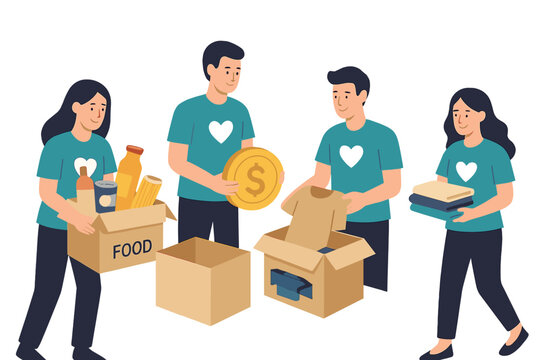 Group of diverse volunteers collecting food, clothing, and money donations for charity