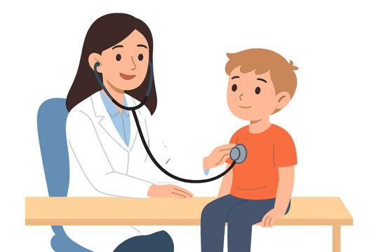 Female doctor using a stethoscope to check the heartbeat and lungs of a young boy during a routine medical examination