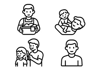 Fototapeta premium Modern outline icons featuring men performing domestic tasks, childcare, and service roles