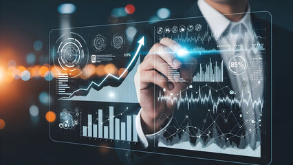 Dynamic business analyst tracking data insights and growth with modern digital interface for strategic planning and investments