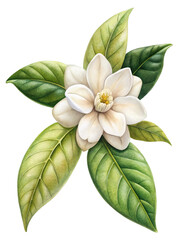 Watercolor magnolia blossom with vibrant green leaves isolated isolated on transparent background