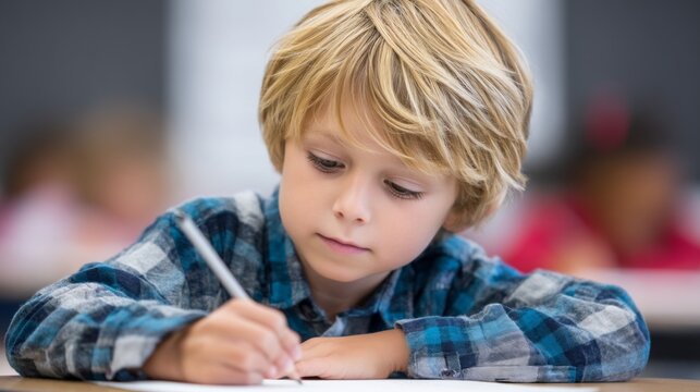 In a bright classroom, a young boy with tousled blond hair concentrates on his drawing. He holds a pencil and shows great interest in creating art, surrounded by classmates engaged in similar tasks