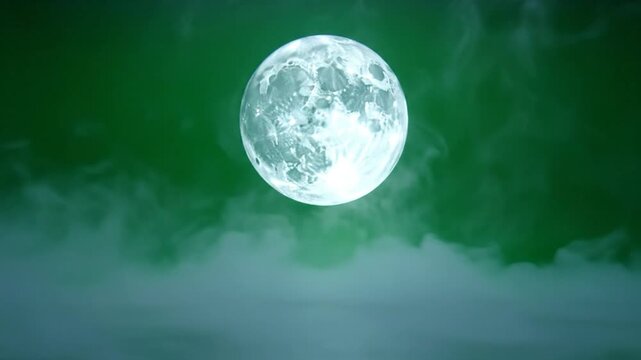 Glowing full moon in emerald sky with swirling mist. A celestial, ethereal, dreamscape scene