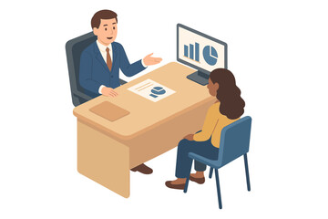 Professional business meeting discussing financial reports and performance metrics at an desk