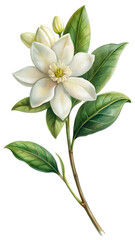 Botanical illustration of a white gardenia flower with green leaves isolated on transparent background