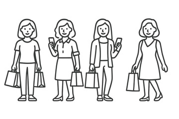 Diverse group of female shoppers carrying bags and checking their smartphones