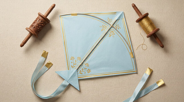 Traditional light blue kite with golden accents and two wooden spools of string, ready for a festive celebration