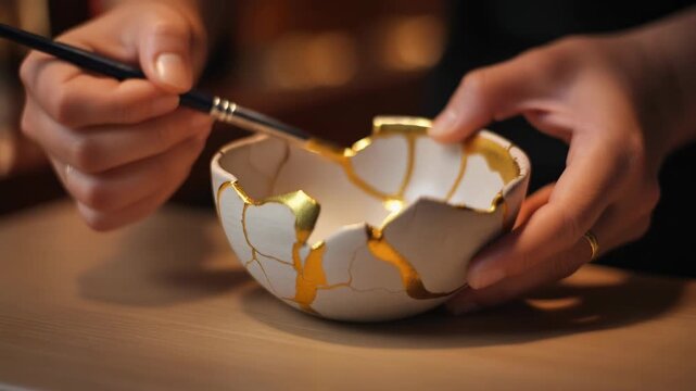 Artisan Restoring Broken Ceramic Bowl with Gold using Kintsugi Technique Close up