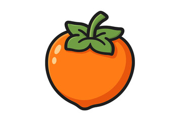 Bright orange persimmon fruit with green leaves and stem in a simple cartoon design
