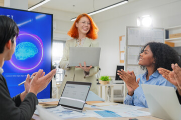 Multiethnic business professionals collaborate in modern office using AI virtual assistant and big data analytics to connect insights, driving strategic innovation through intelligent automation	