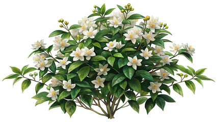 Vibrant white flowers with green foliage on an isolated bush isolated on transparent background