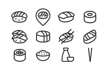 Japanese sushi, nigiri, maki rolls, rice, and soy sauce outline symbols © icon_art
