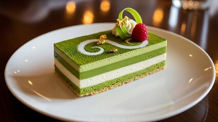 Layered matcha mousse slice with smooth textures and artistic swirl topping, plated beautifully under soft studio lighting for premium food imagery