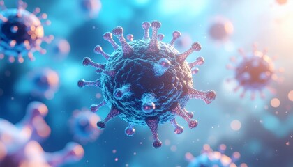 Detailed microscopic view of coronavirus cells for medical research and scientific studies, vibrant blue hues and dramatic lighting, biology insights