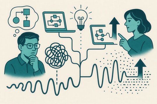 Visualizing complexity and simplicity in workflow processes with strategic innovation represented by mixed media depicting problem solving and ideation dynamics