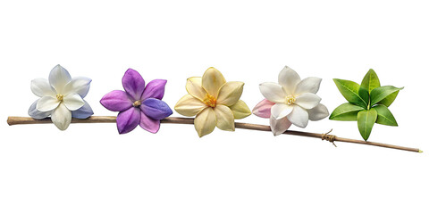 Vibrant variety of flowers and fresh green leaves on a branch isolated on transparent background