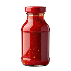 A vibrant red hot sauce bottle with visible chili flakes against a deep black background.