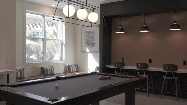 Stylish interior of a social lounge featuring a billiard table