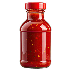 A close-up studio shot of a glass bottle filled with vibrant red chili sauce against a black background.