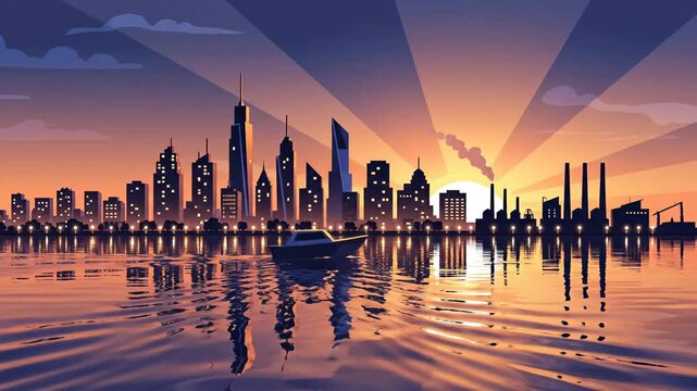 Vibrant Sunset Cityscape with Industrial Skyline Reflected in Water.