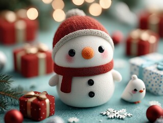 Christmas Flat-lay 3D Scene with Snowman and Red Gift Boxes on Turquoise Background