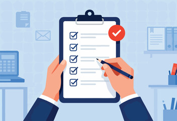 A person checks a list with a pen, with a red circle and checkmark next to it. Office background