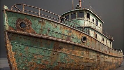 Rust and patina cover an old ship hull in a serene water setting at dusk