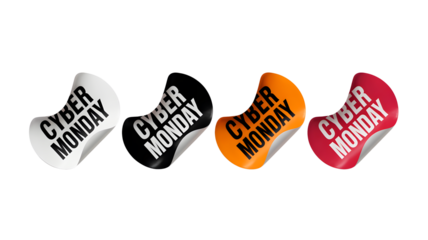 Four cyber monday stickers in white black orange and red on a black background for online sales