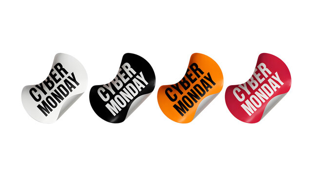 Four cyber monday stickers in white black orange and red on a black background for online sales - Powered by Adobe