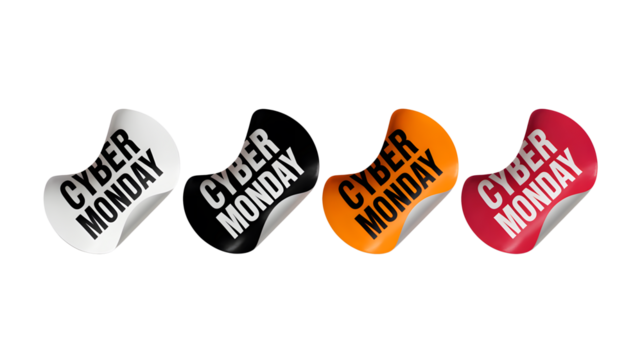 Four cyber monday stickers in white black orange and red on a black background for online sales