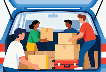 Illustration of a group of people loading boxes into the trunk of a blue vehicle