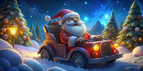 Santa Claus joyfully drives a festive vehicle through a snowy landscape decorated for Christmas