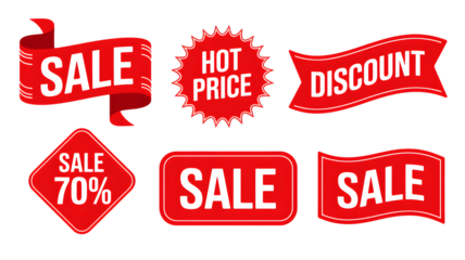 A collection of red sale banners and labels with different shapes and promotional messages on black
