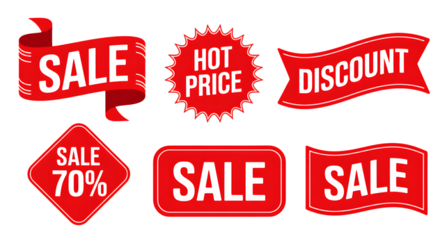 A collection of red sale banners and labels with different shapes and promotional messages on black