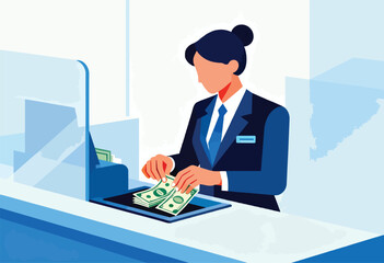 A bank teller in a suit arranges banknotes on a counter within a stylized, blue-toned interior