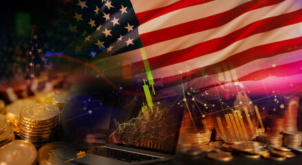 Stock market investment trading financial, coin and America USA flag or Forex for analyze profit finance business trend data background.Stock market investment trading financial, coin and US America 