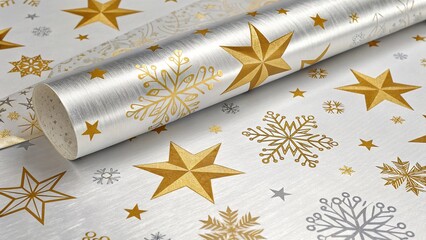 Shiny holiday foil pattern features stars and snowflakes for festive gift wrapping