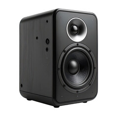 Sleek modern black audio monitor speaker isolated on a dark background.