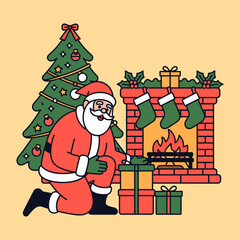 Obraz premium Santa with Gifts by Fireplace and Christmas Tree Illustration
