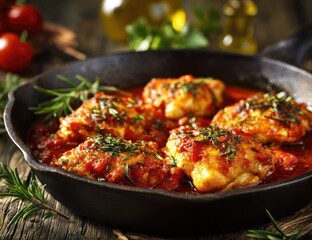 Fototapeta premium Chicken in a rich tomato sauce, cooked in a cast iron pan, garnished with fresh herbs