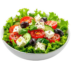 A vibrant Greek salad featuring fresh lettuce, tomatoes, cucumbers, olives, and feta cheese, presented in a white bowl against a black background.