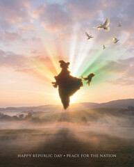 Fototapeta premium Silhouette of india map with vibrant flag colors and flying birds at sunrise, celebrating republic day