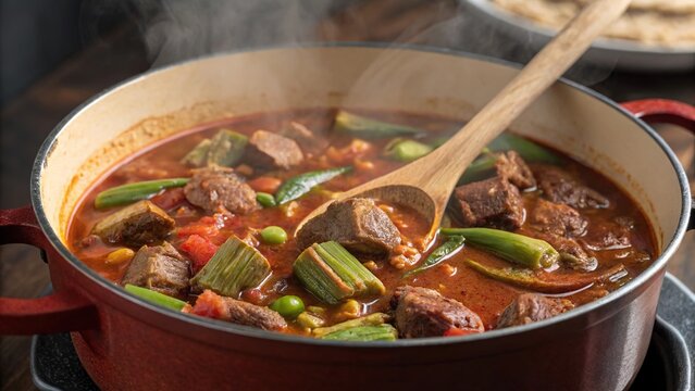 Savory bamia with tender chunks of meat and vibrant okra gently simmering in a pot
