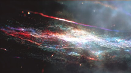 A cosmic web of ethereal light, swirling with vibrant hues of red, blue, and white, painted across space.