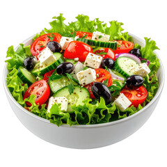 A vibrant, fresh Greek salad served in a white bowl against a black background.