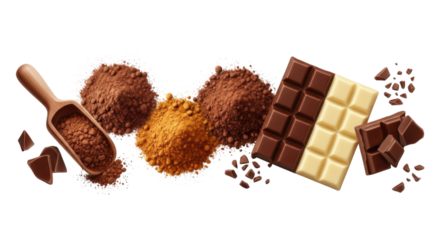 Chocolate assortment with cocoa powder and chocolate bar transparent background cutout png