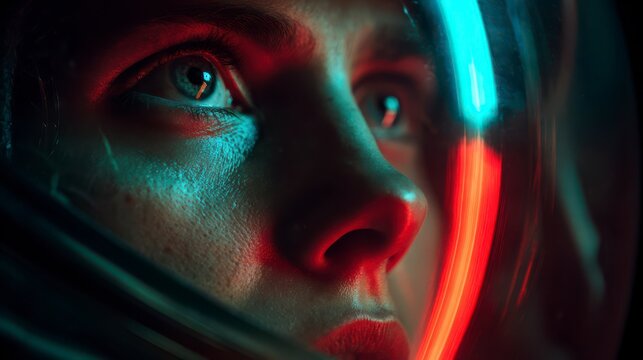 Cosmic Voyager: A close-up shot of an astronaut, eyes focused with a determined gaze, illuminated by vibrant neon lights, symbolizing exploration.