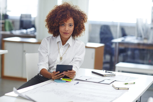 Business woman, portrait or architect with tablet or blueprint for building design in office. Female person, designer or technology with floor layout for architecture project or planning in workplace - Powered by Adobe