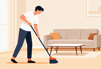 Fototapeta premium A person in a white shirt and navy pants mops a floor in a cozy living room setting
