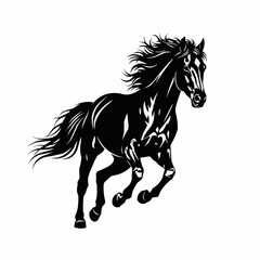 Majestic black horse galloping gracefully across a pristine white background.